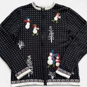 Charter Club Black & White Knit Embroidered Snowman Holiday Cardigan Sweater M